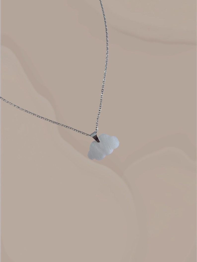 thin silver chain necklace with mother-of-pearl cloud pendant image 2