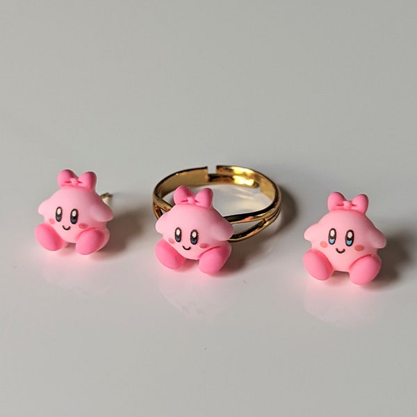 Kawaii Pink Bow Kirby Stud Earrings and Adjustable Ring