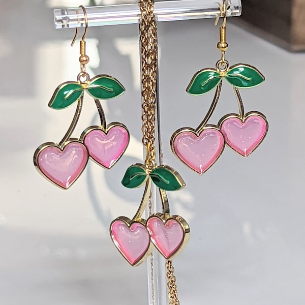 Pink Heart Enamel Cherry Charm Earrings & Necklace