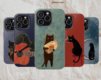 Black Cat Phone Case, Smoking Night Vibes Casing For Iphone, Samsung, Magsafe Available