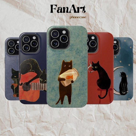 Black Cat Phone Case, Smoking Night Vibes Casing For Iphone, Samsung, Magsafe Available