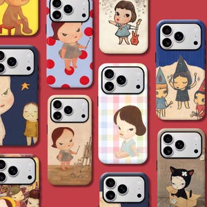 May include: A collection of smartphone cases featuring various illustrations of stylized characters with large heads and expressive faces. The designs include characters painting, playing instruments, wearing party hats, and sitting in a cardboard box.