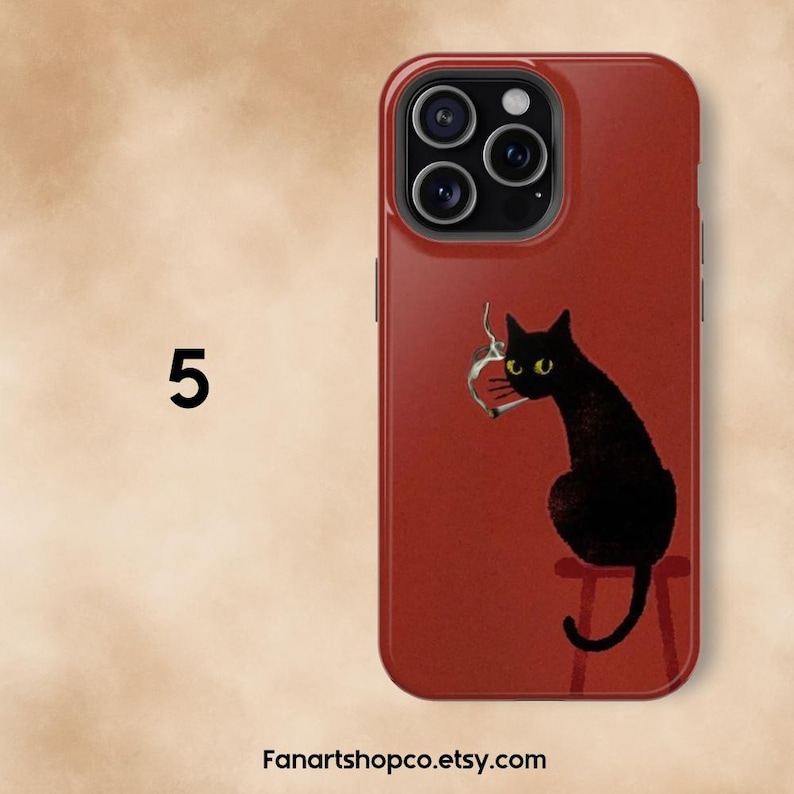 May include: A red phone case featuring a black cat smoking a cigarette, with yellow eyes, sitting on a small stool. The number "5" is printed in white on the left side. The website "Fanartshopco.etsy.com" is printed at the bottom.