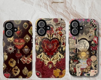 Sacred Heart Phone Case,  Mystical Red Heart Golden Sun Case, Dark Aesthetic Tough Case for iPhone & Samsung, MagSafe