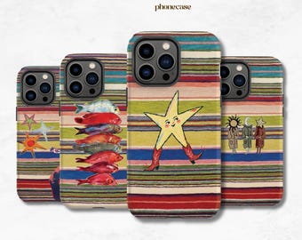 Whimsical Star Phone Case for iPhone and Samsung, Colorful Striped Cover, Whimsical Retro Sun Moon Star Phone Case