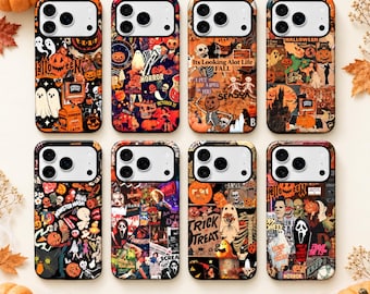 Vintage Halloween Phone Case, Spooky Retro Collage, Pumpkin Ghost & Skeleton Cover for iPhone and Samsung