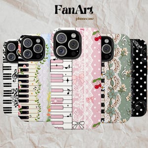 May include: A collection of five smartphone cases featuring diverse designs including piano keys, musical notes, lace patterns, pink bows, cherries, floral motifs, and polka dots. Each case displays a unique aesthetic with varied color palettes.