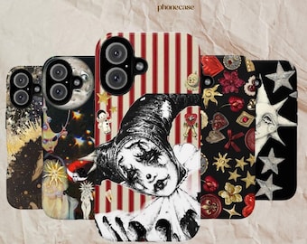 Dreamy Celestial Sun & Moon Phone Case, Vintage Pierrot Clown Whimsigoth Case, Mystical Starry Night Gothic Cover for iPhone ,Samsung