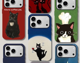 Funny Black Cat Phone Case for iPhone, Samsung | Cute Coffee, Wine & Chef Cat Aesthetic | Retro Tough Protective Case | Cat Lover Gift