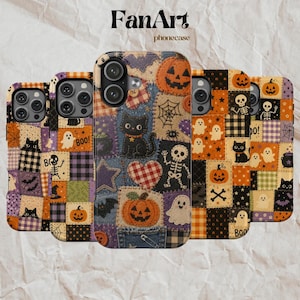 May include: A collection of phone cases featuring a patchwork design with Halloween motifs including black cats, pumpkins, ghosts, skeletons, spiderwebs, and bats in orange, black, purple, and green colors. The text FanArt phonecase is visible.
