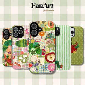 May include: Five phone cases featuring colorful collage designs with illustrations of a green caterpillar, fruits, flowers, and stars. The designs include various patterns like plaid and stripes, with text elements such as "snuggle hug" and "FanArt phonecase".