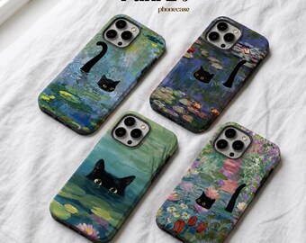 Black Cat Water Lily Phone Case, Monet Inspired Cat Art Case, Whimsical Pond Painting Tough Case for iPhone & Samsung, MagSafe Available