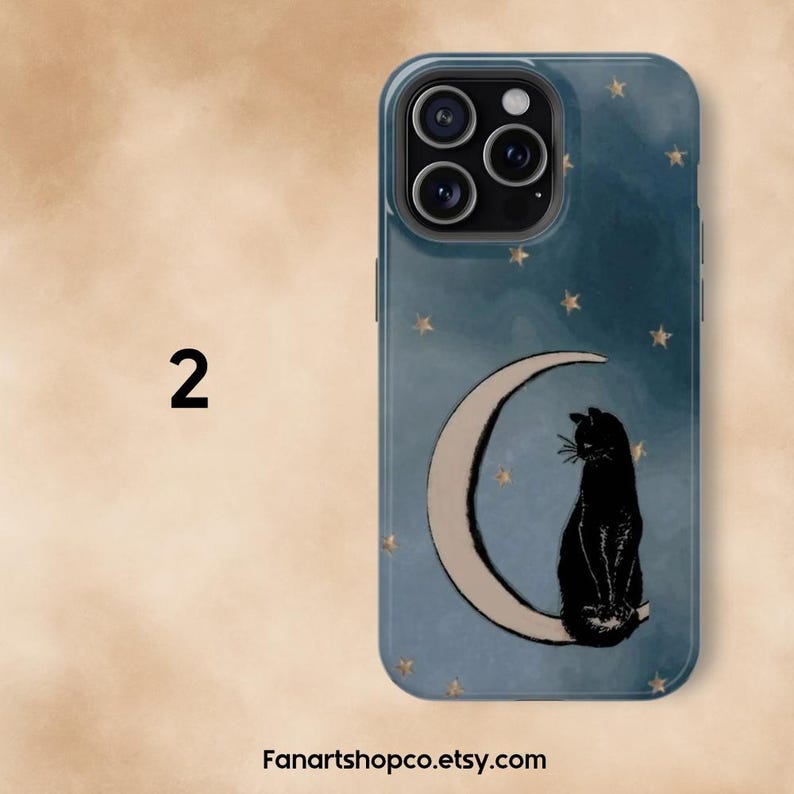 May include: A phone case with a dark teal background featuring a black cat sitting on a crescent moon. Gold stars are scattered across the case. The number "2" is in the upper left corner, and the Etsy shop name is at the bottom.