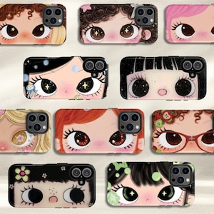May include: A collection of nine rectangular phone cases, each featuring a close-up illustration of a character's face with large, expressive eyes. The designs include various hair colors, eye patterns, and decorative elements like flowers, stars, and glasses.