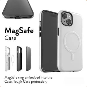 May include: White MagSafe phone case with a black border and a circular MagSafe ring. The image also shows a black phone case and a phone with a black screen. The text "MagSafe Case" is displayed in the image.