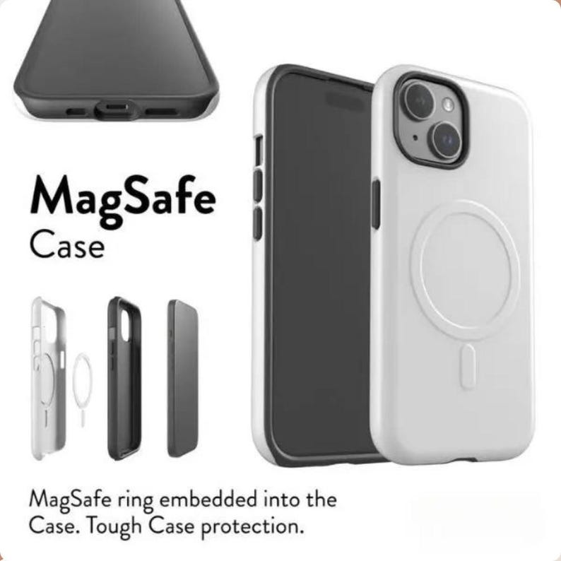 May include: White MagSafe phone case with a black border and a circular MagSafe ring. The image also shows a black phone case and a phone with a black screen. The text "MagSafe Case" is displayed in the image.