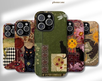Whimsigoth Black Cat Phone Case, Psychedelic Purple Lotus Collage, Trippy Sun Fairycore Aesthetic For Iphone , Samsung