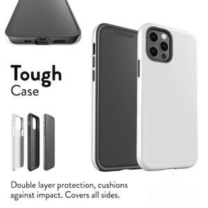 May include: White and black phone case with the text "Tough Case". The image shows the phone case from multiple angles, including a close-up of the bottom and a side view. The text below the phone case says "Double layer protection, cushions against impact. Covers all sides."