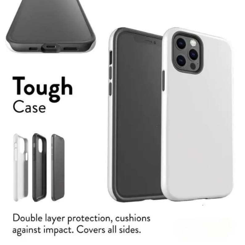 May include: White and black phone case with the text "Tough Case". The image shows the phone case from multiple angles, including a close-up of the bottom and a side view. The text below the phone case says "Double layer protection, cushions against impact. Covers all sides."