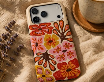 Groovy Retro Floral Phone Case, Scandinavian Folk Art, 70s Boho Botanical Cover (Magsafe Available)
