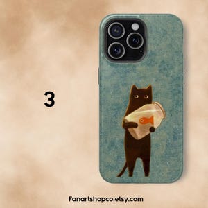 May include: A teal phone case featuring a whimsical illustration of a brown cat holding a fishbowl with an orange fish. The number "3" is printed in black on the upper left. The Etsy shop name "Fanartshopco.etsy.com" is printed at the bottom.
