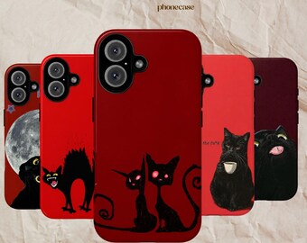 Grunge Black Cat Phone Case, Funny Blep Kitten Case, Dark Red Gothic Punk Aesthetic Tough Cover for iPhone & Samsung