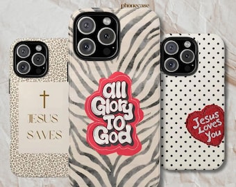 Jesus Saves Leopard Phone Case, Christian Faith Tough Phone Case, Neutral Beige Coquette Aesthetic Tough Phone case