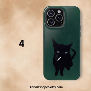 May include: A dark green phone case featuring a black cat silhouette with a cigarette and the text "FUCK THIS SHIT." The number "4" is displayed on the left. The Etsy shop name "Fanartshopco.etsy.com" is at the bottom.