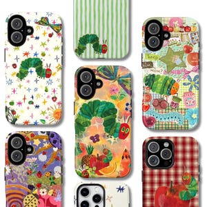 May include: A collection of seven smartphone cases featuring The Very Hungry Caterpillar illustrations. Designs include the caterpillar on striped, plaid, and star-patterned backgrounds, alongside fruits, flowers, and ladybugs in vibrant colors.