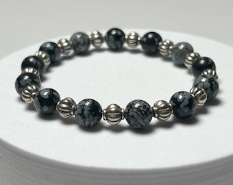 Beautiful 7 Inch Black and White Snowflake Obsidian 8mm Beaded Bracelet with Silver Accent