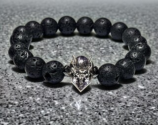 USUASI Braccialetto Uomo Donna In Pietra Lavica Naturale 8 Mm - Con Testa Di Drago, Nero, Regolabile 16.5-19 Cm