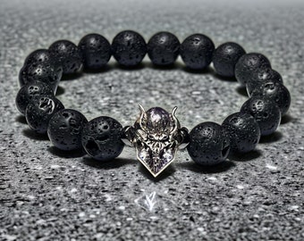 USUASI Braccialetto Uomo Donna In Pietra Lavica Naturale 8 Mm - Con Testa Di Drago, Nero, Regolabile 16.5-19 Cm