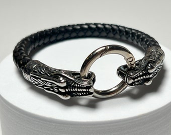 Bracelet noir tressé exotique avec fermoir tête de dragon