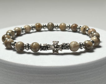 Beautiful Natural Marble 6mm beaded bracelet, white & black with Silver Spacers and Antique Silver Cross