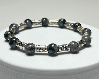 Elegant 7.5 Inch Black and White Snowflake Obsidian Beaded Bracelet with Silver Plated Spacers