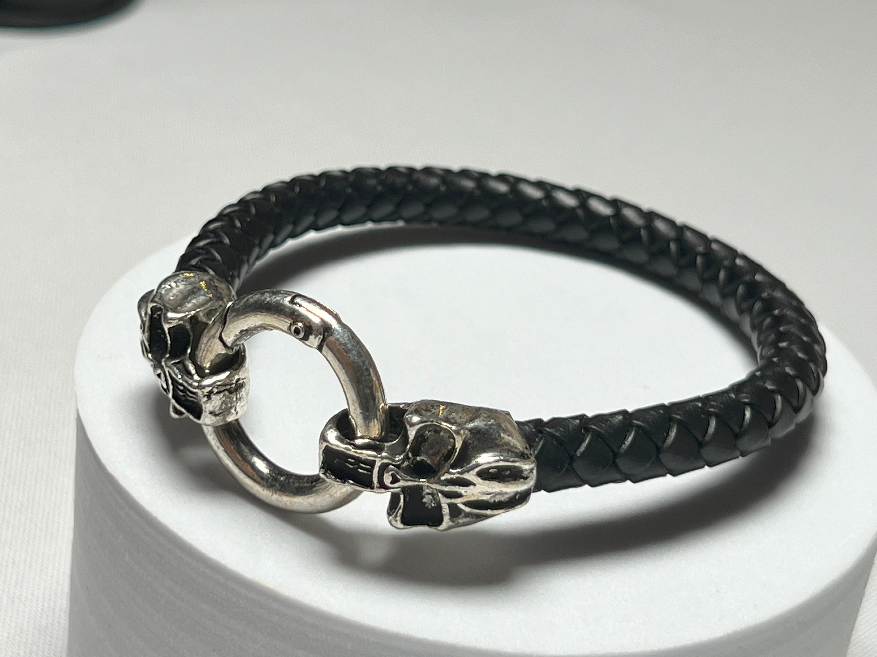 エキゾチックなブラック編み込みレザーブレスレット、ステンレス 