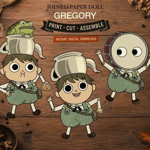 Peut inclure: Une illustration numérique de trois poupées en papier articulées nommées Gregory, avec des personnages aux grands yeux, des shorts verts et des attaches métalliques. Le texte indique JOINED PAPER DOLL GREGORY PRINT CUT ASSEMBLE INSTANT DIGITAL DOWNLOAD.