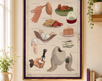 May include: A framed poster featuring illustrations of food items from the animated film "Spirited Away (2001)". The poster includes images of food like a roasted fowl, cake, and a tea cup. The poster has a gold frame with a purple border.