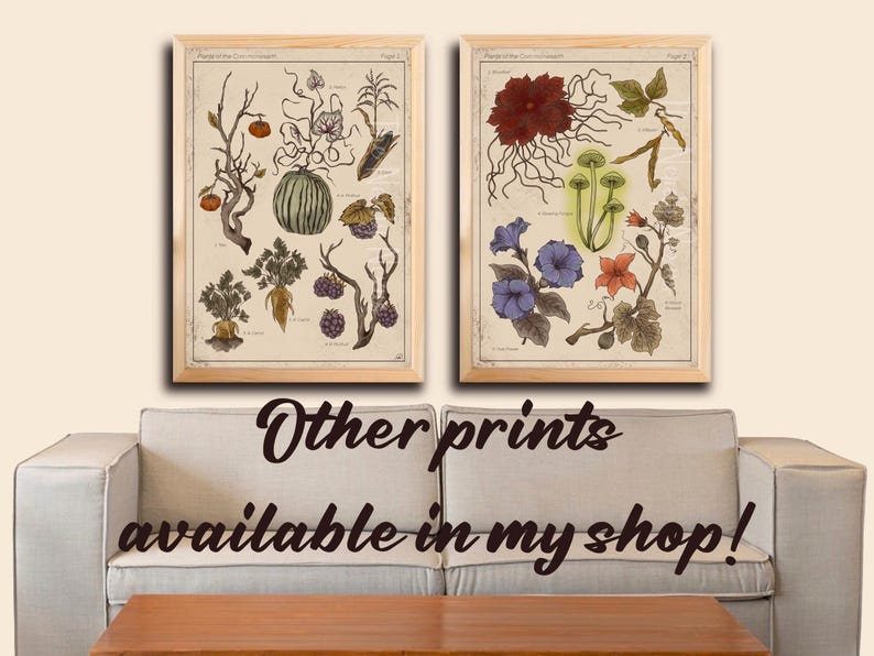 Puede incluir: Dos l&aacute;minas bot&aacute;nicas enmarcadas con ilustraciones vintage de plantas y hongos. Las l&aacute;minas est&aacute;n en marcos de madera clara y presentan dibujos detallados en colores apagados. El texto "Other prints available in my shop!" se muestra debajo.