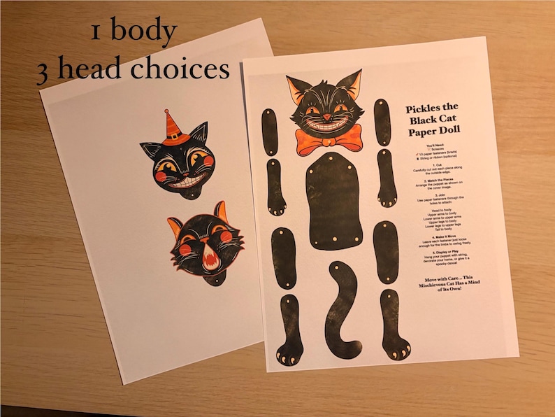 May include: A paper doll craft kit titled Pickles the Black Cat Paper Doll, featuring one black cat body, three interchangeable cat heads with orange accents, and separate limbs. The printed sheets include assembly instructions and text.