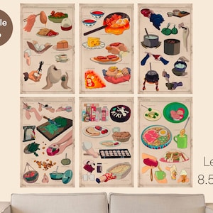 May include: A set of six vintage-style food illustration prints. Each print features colorful drawings of various dishes and cooking processes. The prints are labeled "Legal 8.5x14" and are bundled together. The overall theme is culinary and artistic.