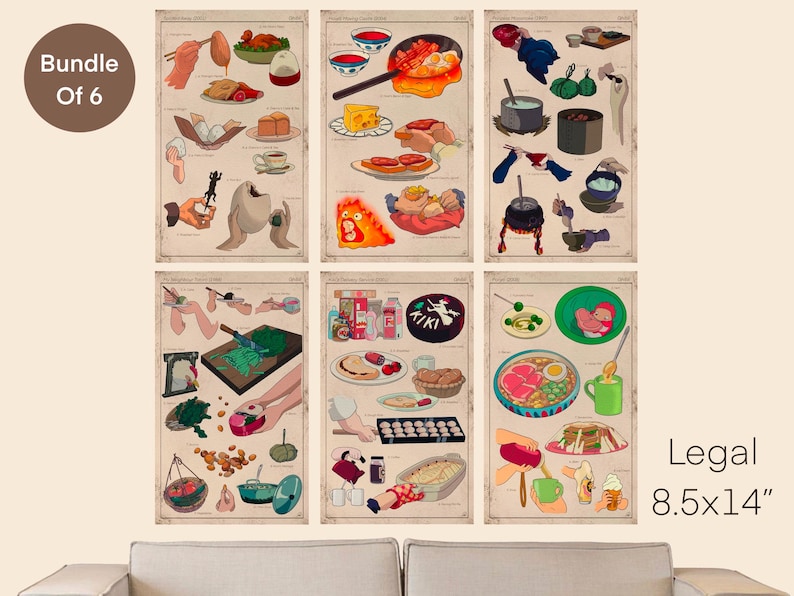 May include: A set of six vintage-style food illustration prints. Each print features colorful drawings of various dishes and cooking processes. The prints are labeled "Legal 8.5x14" and are bundled together. The overall theme is culinary and artistic.