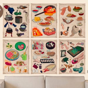 May include: A set of six illustrated food-themed posters, each featuring various dishes and ingredients. The posters are printed on aged paper and are labeled "Letter 8.5x11". A circular label reads "Bundle of 6".