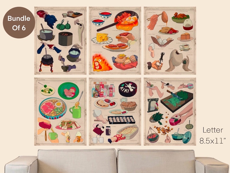 May include: A set of six illustrated food-themed posters, each featuring various dishes and ingredients. The posters are printed on aged paper and are labeled "Letter 8.5x11". A circular label reads "Bundle of 6".
