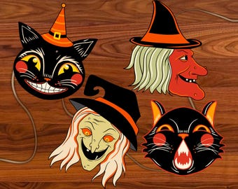 Puede incluir: Colección de recortes de Halloween de estilo vintage con un gato negro con sombrero de bruja, una cara de bruja y una cara de gato con la boca abierta. Las ilustraciones tienen acentos naranjas, rojos y amarillos.