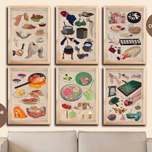 May include: A set of six digital art prints featuring various Japanese food illustrations. Each print is framed in a light brown wood frame and features a different dish, such as ramen, sushi, and tempura. The prints are arranged in a grid pattern on a white wall.