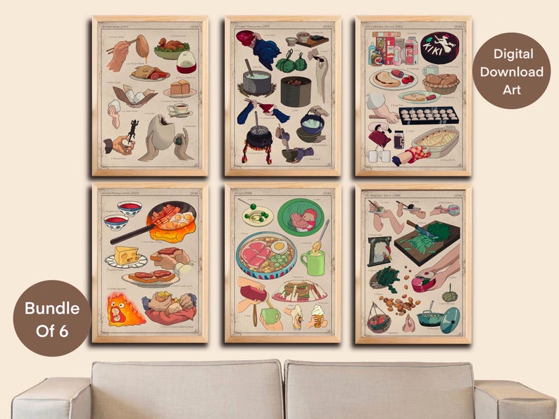 May include: A set of six digital art prints featuring various Japanese food illustrations. Each print is framed in a light brown wood frame and features a different dish, such as ramen, sushi, and tempura. The prints are arranged in a grid pattern on a white wall.