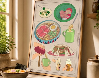May include: A framed print featuring illustrations of food items from the animated film "Ponyo (2008)". The artwork includes images of ramen, sandwiches, and ice cream, with a vintage-style background and a wooden frame.