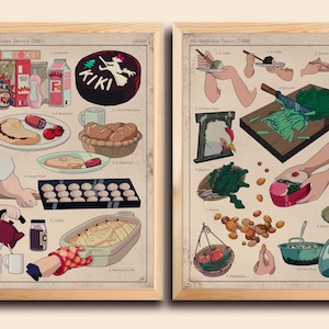 May include: Two framed art prints featuring illustrations from Studio Ghibli films. The left print showcases food items from "Kiki's Delivery Service," including a chocolate cake with the word "KIKI." The right print depicts food from "My Neighbor Totoro."