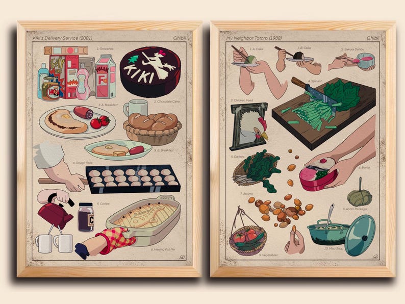 May include: Two framed art prints featuring illustrations from Studio Ghibli films. The left print showcases food items from "Kiki's Delivery Service," including a chocolate cake with the word "KIKI." The right print depicts food from "My Neighbor Totoro."